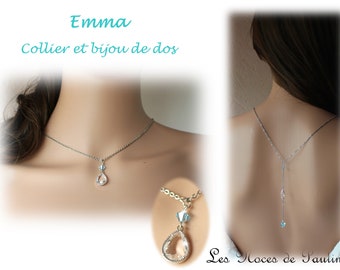 Collier de dos mariée turquoise cristal, pendentif de dos, collier mariée, pendentif goutte cristal, collier sur chaîne, dos nu