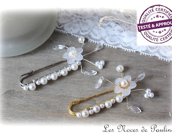 Attache traîne fleur et perles, broche perles, accessoire mariage, robe de mariée, remonte traine, broche avec fleur argent ou doré