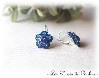 Boucles d'oreilles bleu Roi à strass Fleur pendantes