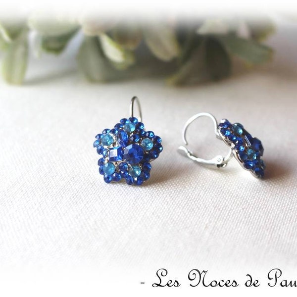 Boucles d'oreilles bleu Roi à strass Fleur pendantes