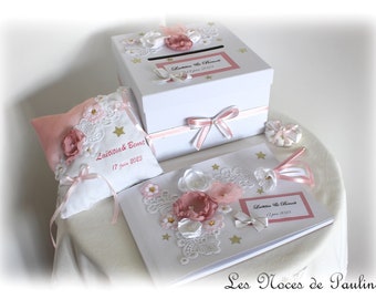 Guest book, urn and pen set pink, white and gold wedding Lace and flowers Personalized photo album