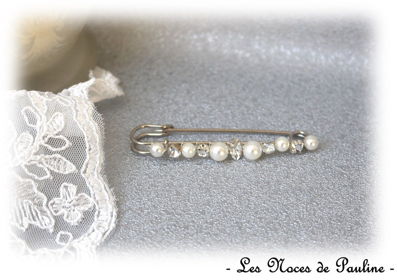 Attache traîne ivoire et strass, broche perles, accessoire mariage, robe de mariée, remonte traîne, broche mariée, zircon strass cristal Argent