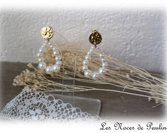 Boucles d'oreilles mariée pendantes en perles blanches dorées VENISE