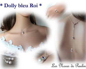 Parure de mariage blanc et bleu Roi, bijoux mariée Perles et strass DOLLY, collier de dos