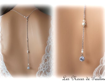 MARGAUX-Brauthalskette aus silbernen Perlen und Strass, Rückenschmuck-Halskette, Rückenhalskette, Hochzeitshalskette
