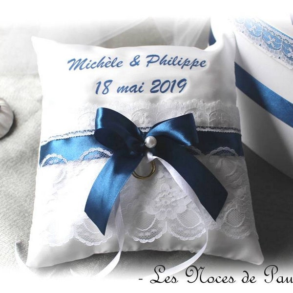 Coussin d'alliances bleu marine et blanc Dentelle personnalisé, coussin mariage, porte-alliances bleu marine