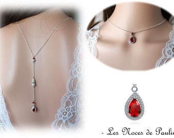 Red rhinestone and pearl Diva back necklace, back jewelry necklace, back necklace, 925 sterling silver wedding necklace