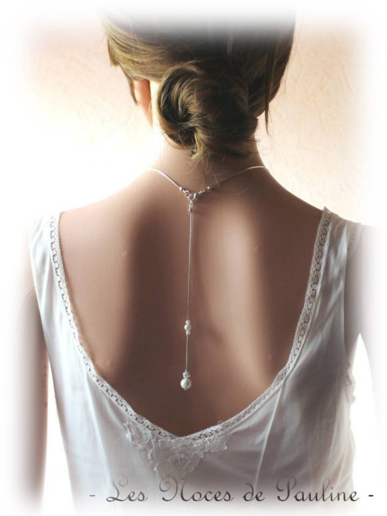 back necklace Ivory wedding adornment Pearls and rhinestones Dolly necklace Back jewel Jewelry