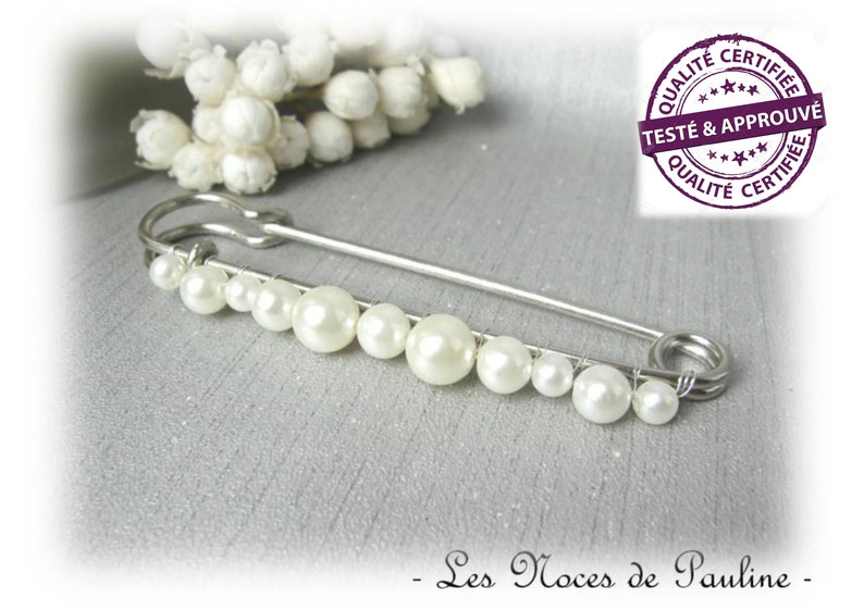 Ivory wedding pearl train attachment GM, brooch for wedding dress, train lifter, train hook, Extra long pearl brooch Large image 2