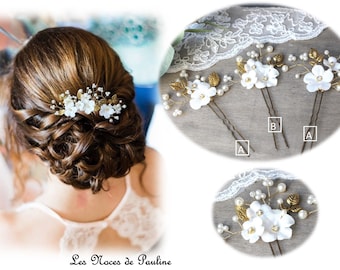 Pic à chignon de mariée avec fleurs et feuilles ivoire et doré, épingle de cheveux mariage, Charline