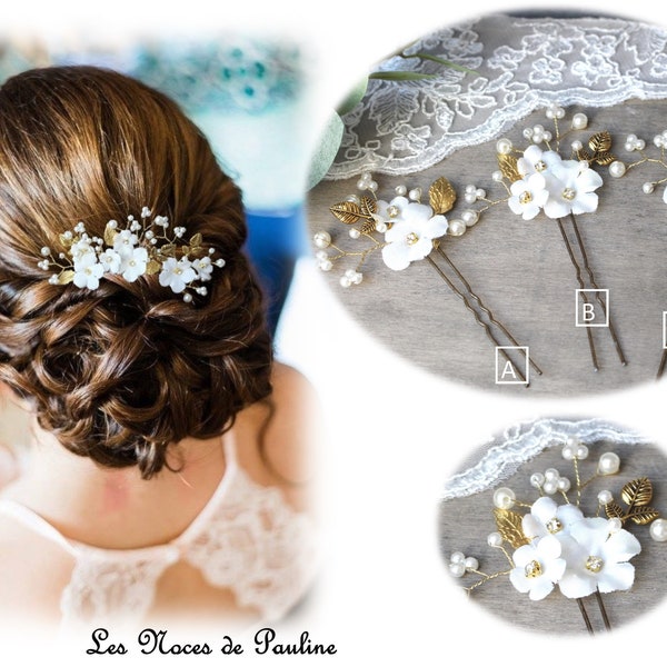 Pic à chignon de mariée avec fleurs et feuilles ivoire et doré, épingle de cheveux mariage, Charline