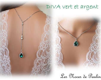 Collier de dos vert strass et perles Diva,  collier Bijou de dos, collier de dos, collier mariage