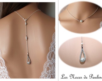 SOFIA pearl and rhinestone bridal necklace, necklace with back jewel in 925 sterling silver