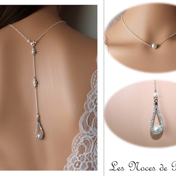 Collier de mariée en perles et strass SOFIA, collier avec Bijou de dos en argent sterling 925