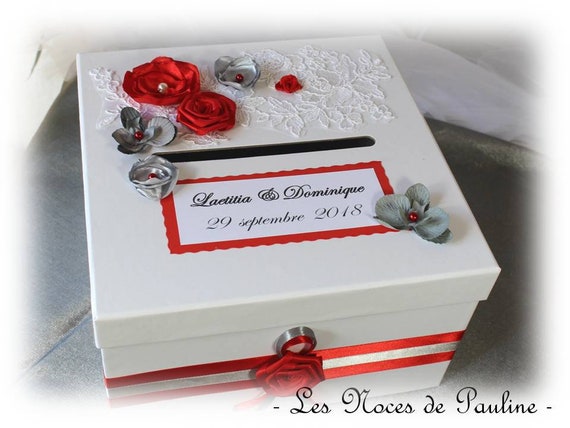 Urne De Mariage Rouge Gris Et Blanc Fleurs Et Dentelle Tirelire Boite Cadeaux Mariage Personnalisé Orchidées Et Roses