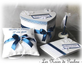 Urn set guest book wedding cushion pen navy blue and white Heart, wedding decoration Personalized Album, Piggy bank, wedding gifts