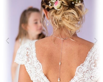 Elfenbeinfarbenes Hochzeitsset. Perlen und Strasssteine. Dolly-Halskette. Rückenschmuck. Schmuck, Rückenhalskette