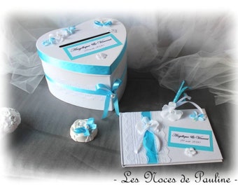 Urn set, Personalized turquoise Orchid wedding guest book, wedding heart urn