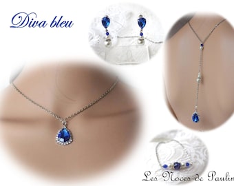 Royal blue rhinestone and Diva pearl back necklace, back jewel necklace, back necklace, wedding necklace