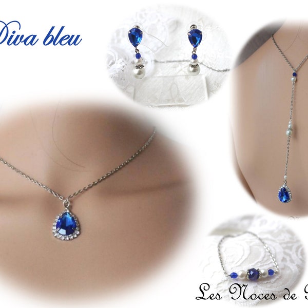 Collier de dos bleu Roi strass et perles Diva,  collier Bijou de dos, collier de dos, collier mariage