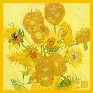 May include: A painting of a bouquet of yellow sunflowers with green stems and leaves against a yellow background.