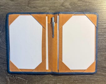Navy Blue and Chicory Tan Leather 3x5 Double Jotter, Two Tone Index Card Holder, Pocket Briefcase, Leather Note Card Wallet, Pen Sleeve