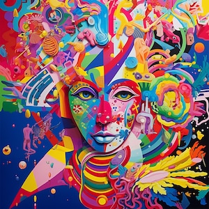 May include: A colorful abstract painting with a central face. The face is made up of many different shapes and colors, including blue, green, red, yellow, and purple. The background is also very colorful and abstract.
