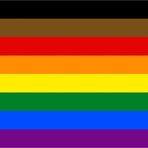 May include: A pride flag with eight horizontal stripes in the colors black, brown, red, orange, yellow, green, blue, and purple.