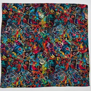 May include: A colorful abstract pattern with a variety of shapes and colors, including blue, green, red, yellow, and purple. The pattern is reminiscent of stained glass or a kaleidoscope.