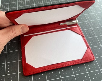 Double-Sided Index Card Holder Booklet- Padfolio Jotter with Pen Holder - Two Tone Red & Black 100% Leather - Notepad for 3x5 cards