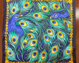 Peacock Feather Silk Pocket Square - Double-Sided Charmeuse Satin Scarf