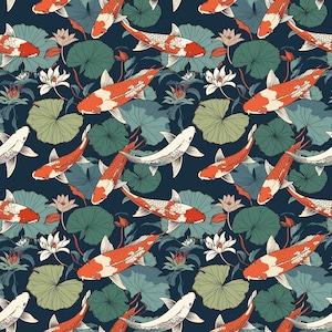May include: A seamless pattern featuring red and white koi fish swimming among green lily pads and white water lilies on a dark blue background.