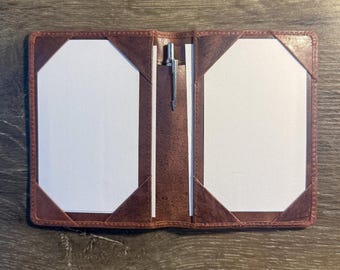 Saddle Chestnut Brown Leather 3x5 Double Jotter, Index Card Holder, Pocket Briefcase, Leather Note Card Wallet, Pen Sleeve