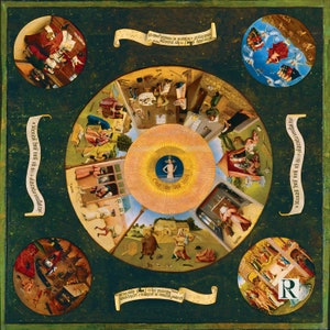 May include: A circular painting depicting a scene of chaos and disorder. The central image is a sun with a nude figure standing in its rays. Surrounding the sun are seven scenes of daily life, each with its own unique characters and activities. The painting is framed by a dark green border with scrolls containing text in a foreign language.