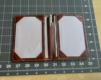 Folleto de tarjetero de doble cara - Padfolio Jotter con portalápices - Cuero de anilina marrón completo - Bloc de notas para tarjetas de 3x5 - Maletín