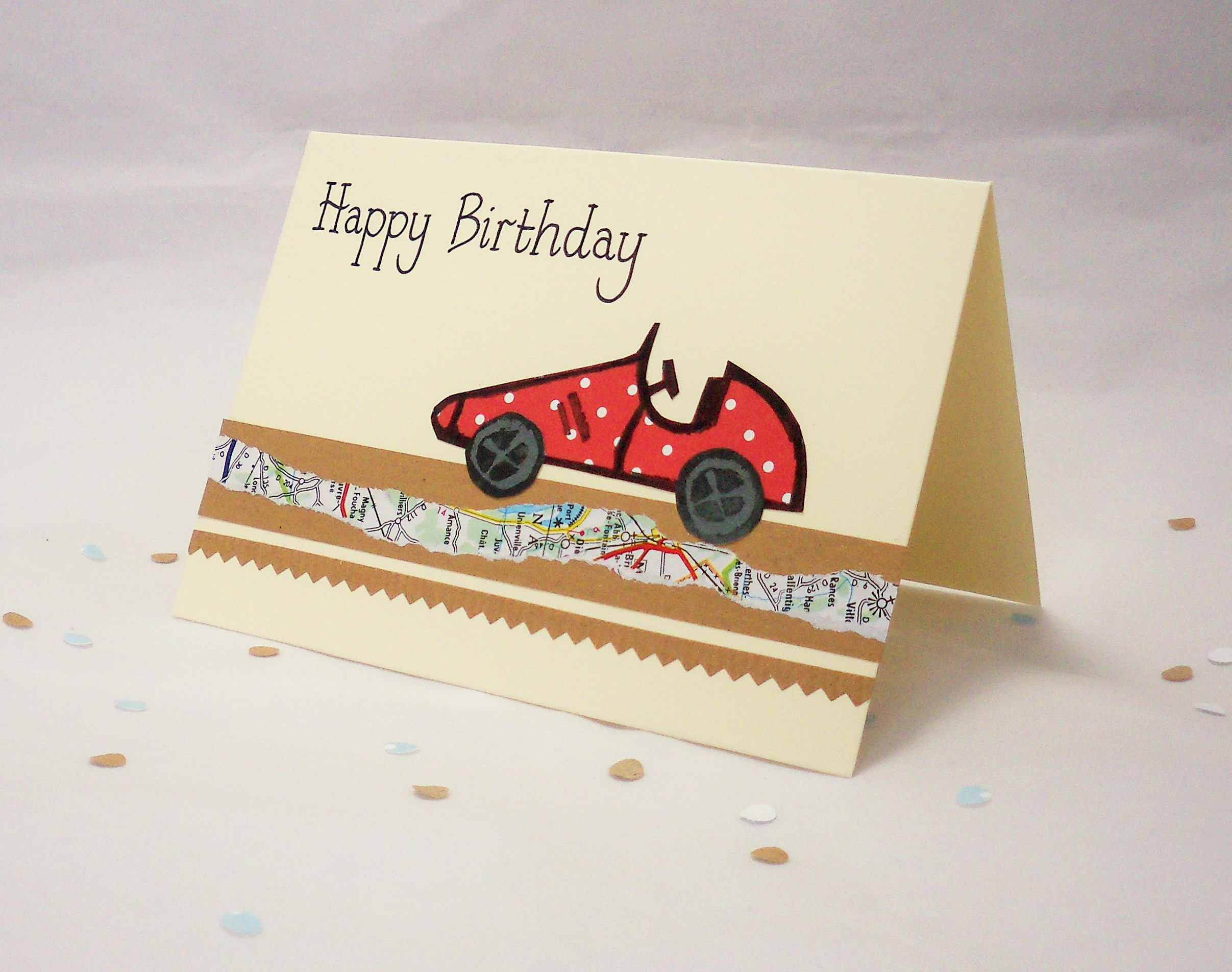 Lino-Printed Racing Car Birthday Card: Spotted Paper, Map Detail