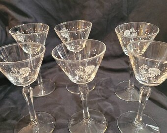 Vintage set of 6 cordial glasses, roosters painted on them.