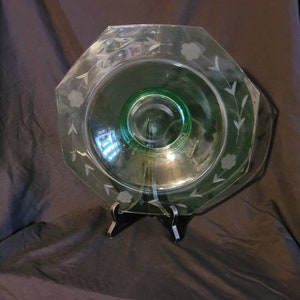 Vintage Green Glass hand etched bowl, vaseline glass bowl