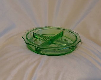 Vintage green quartered serving dish, vintage green dish, vintage serving dish.