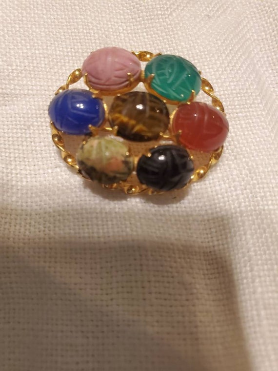 Vintage semi precious stone brooch, semi precious gold brooch