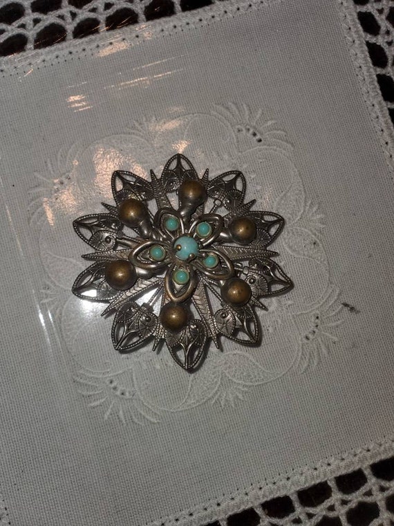 Vintage pewter  brooch with turquoise beads gorgeo