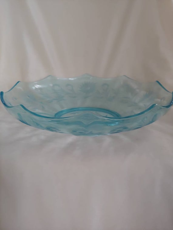 Vintage Large Blue Glass Etched Bowl Vintage Blue Glass Bowl Etsy