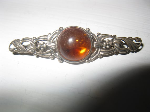 Vintage sterling silver amber brooch, amber brooc… - image 1