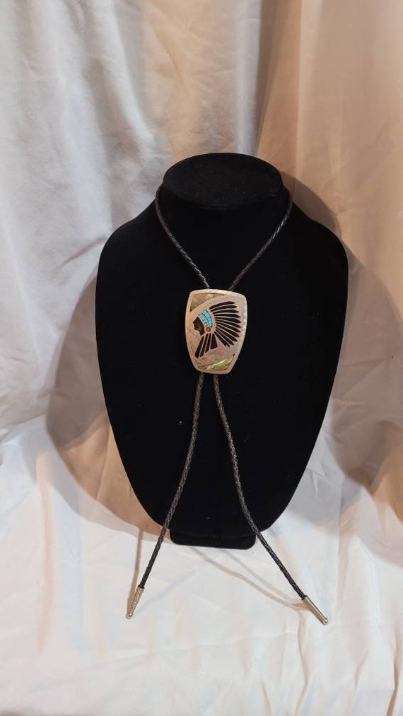 Vintage 1960s Native American bolo tie necklace, vintage Native American bolo tie ,bolo tie, sterling turquoise bolo tie.