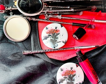 Vampire's Kiss~ Original 56mm gothic vampire bloody rose and bats pocket mirror with a pearlescent glittery finish