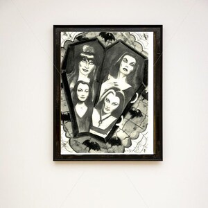 Original A4 horror art print black and white gothic Elvira Vampira Lily Munster Morticia Addams bild 1