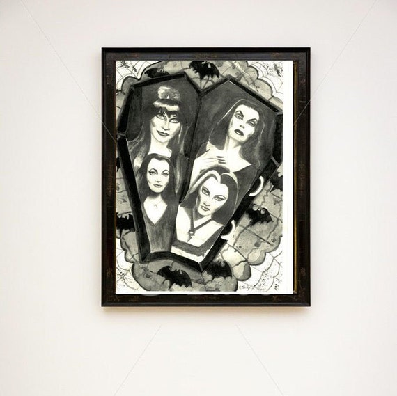 Original A4 horror art print black and white gothic Elvira Vampira Lily Munster Morticia Addams