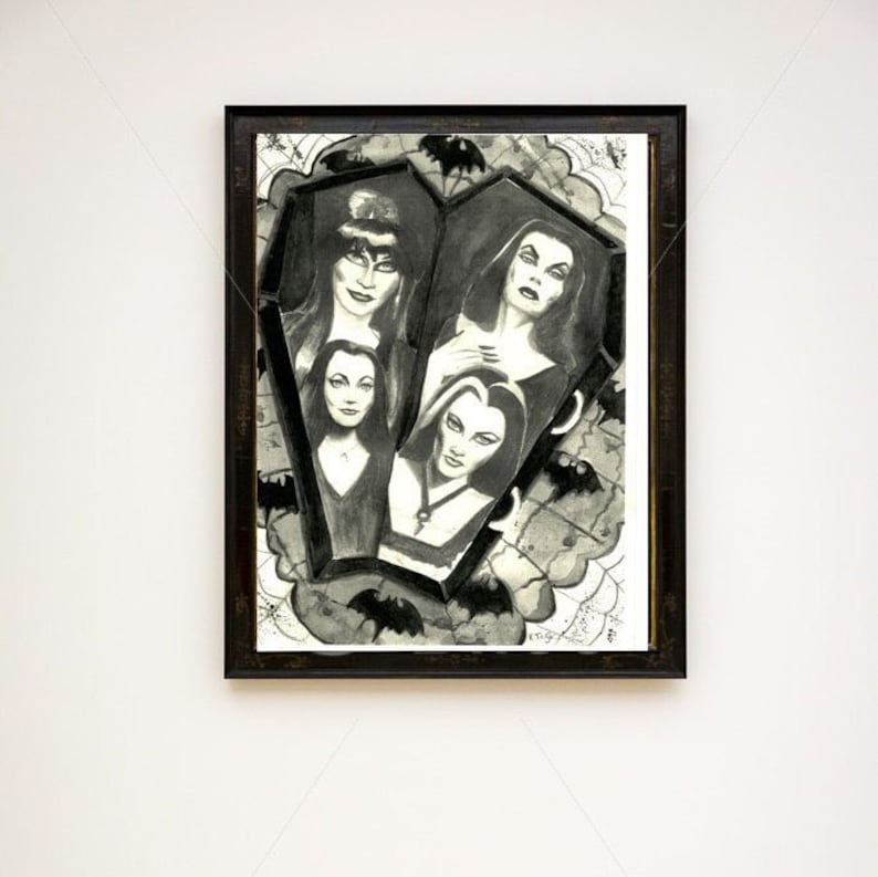 Original A4 horror art print black and white gothic Elvira Vampira Lily Munster Morticia Addams bild 1
