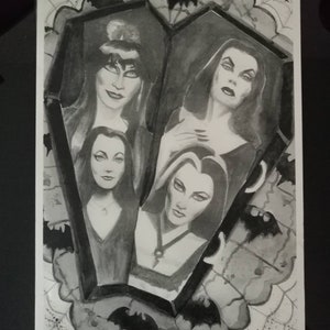 Original A4 horror art print black and white gothic Elvira Vampira Lily Munster Morticia Addams bild 2