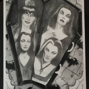 Original A4 horror art print black and white gothic Elvira Vampira Lily Munster Morticia Addams bild 3
